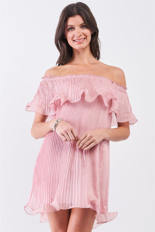 Pink Pleated Off-the-shoulder Frill Trim Mini Dress