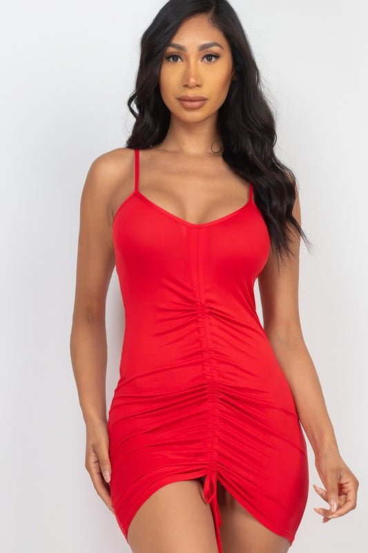 Red Adjustable Ruched Front Detail Mini Dress