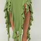 Green Solid Bottom Ruffle Trim Hem Slit Tube Maxi Dress