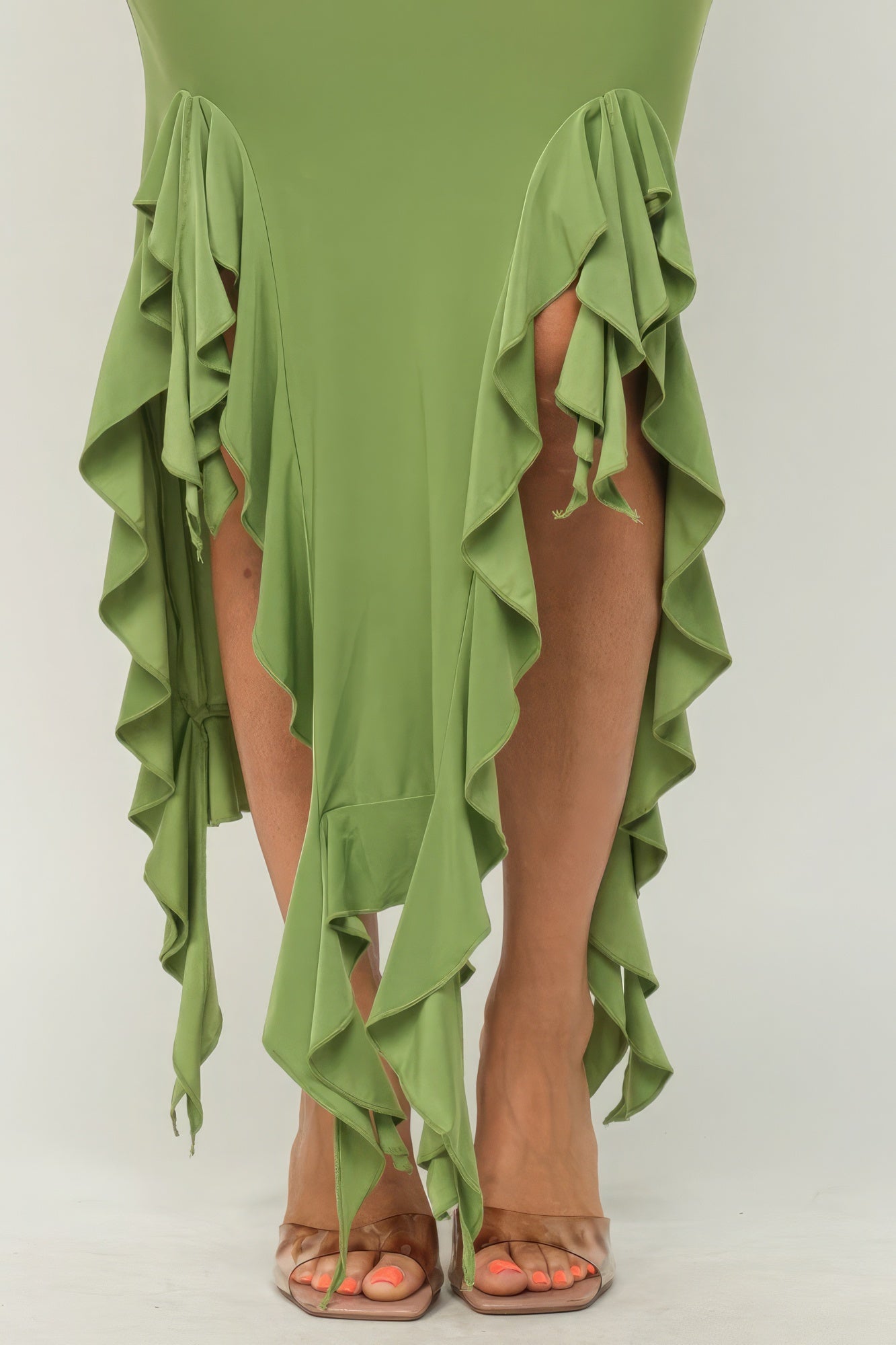 Green Solid Bottom Ruffle Trim Hem Slit Tube Maxi Dress