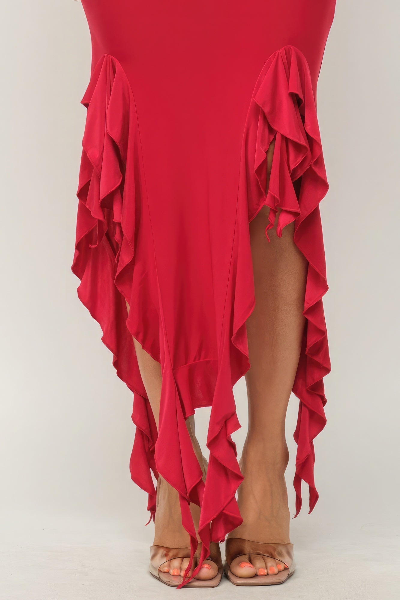 Red Solid Bottom Ruffle Trim Hem Slit Tube Maxi Dress