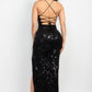Black Sequin Back-crisscross Tie Slit Dress